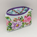 Peony and Rose floral makeup bag with purple zipper - cotton quilted