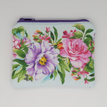Peony and Rose floral makeup bag with purple zipper - cotton quilted